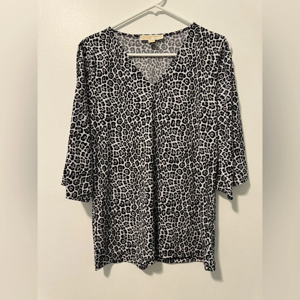 Michael Kors Black and White Boxy Blouse with Notched Collar